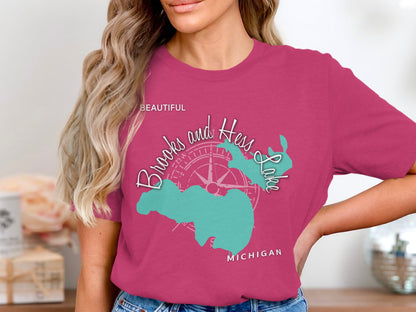 Pink t-shirt with Brooks and Hess Lake map and compass design.