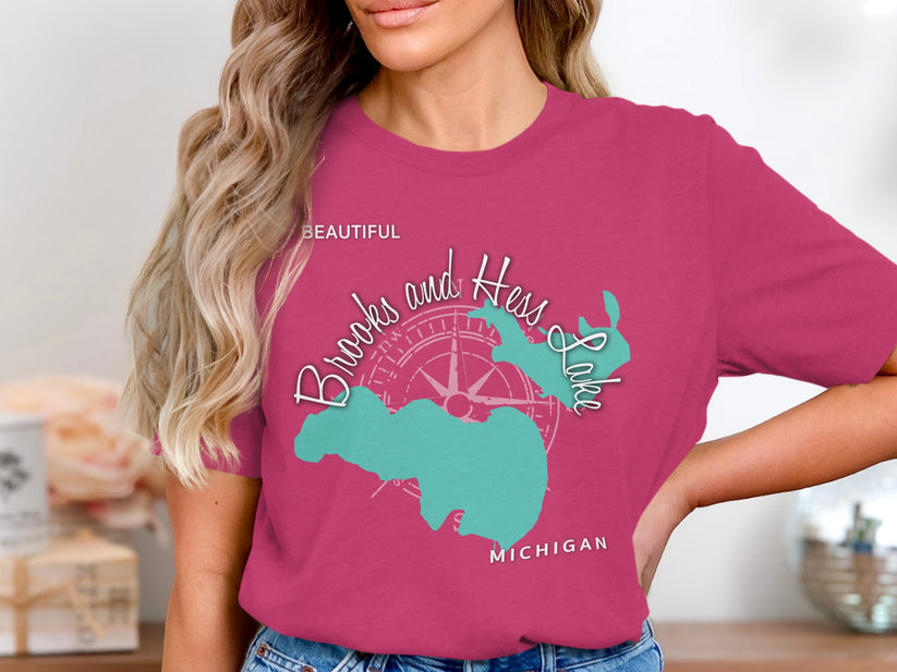 Pink t-shirt with Brooks and Hess Lake map and compass design.