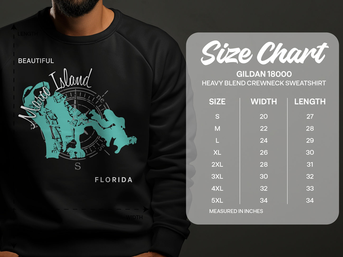 Crewneck sweatshirt with Marco Island map graphic and size chart.