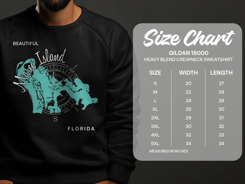 Crewneck sweatshirt with Marco Island map graphic and size chart.