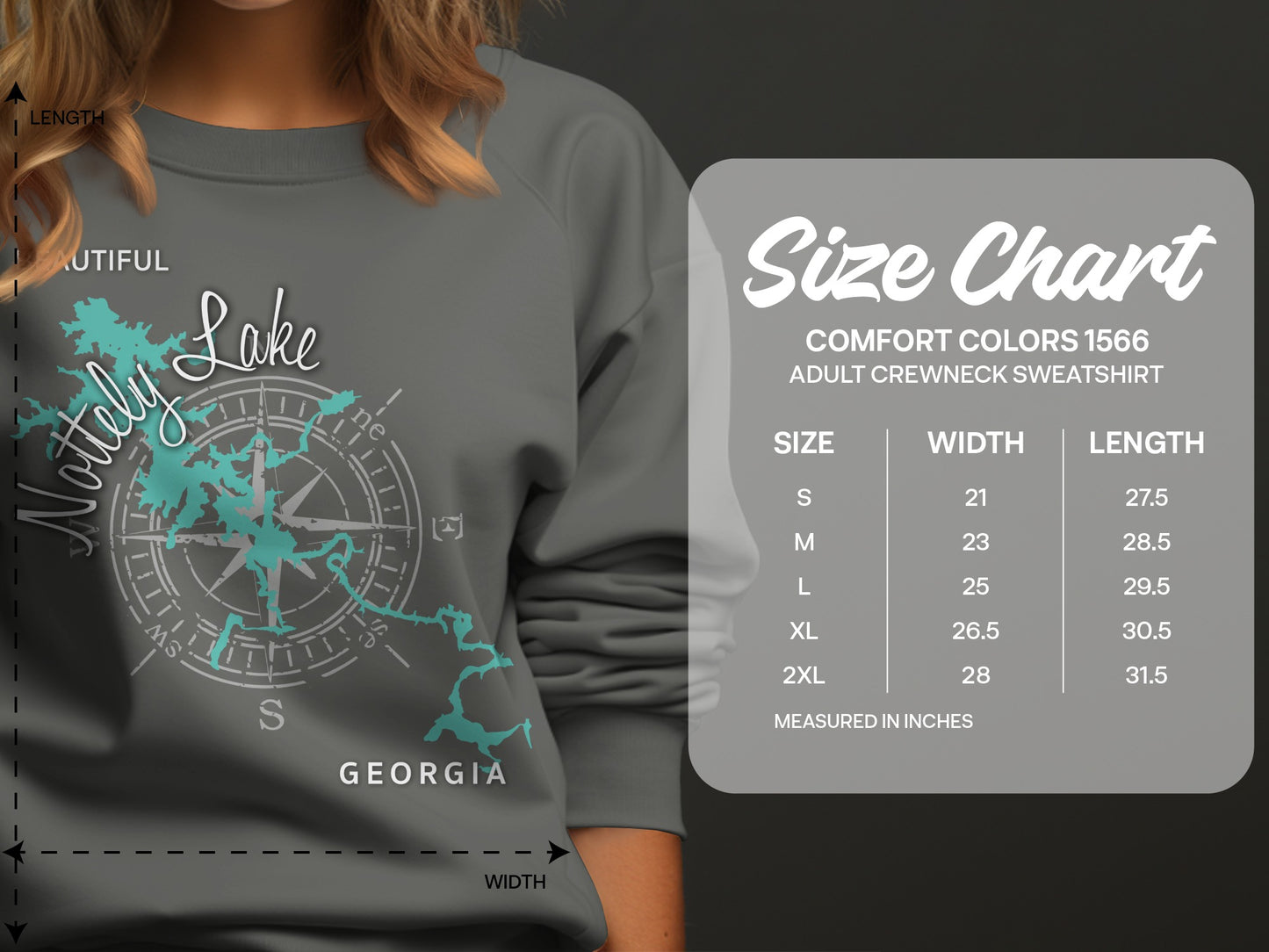 Comfort Colors 1566 sweatshirt size chart with dimensions.
