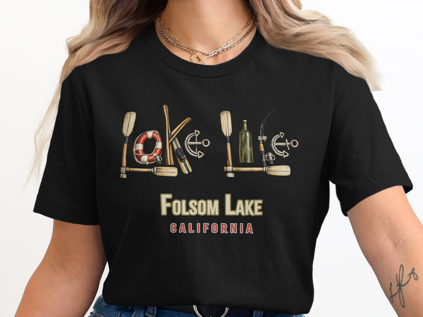 Folsom Lake California graphic on a black t-shirt with nautical elements.