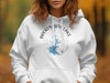White hoodie with "Broken Bow Lake Oklahoma" text and lake graphic.