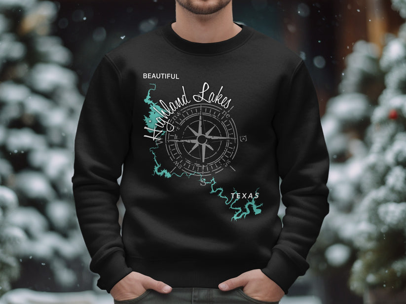 Black sweatshirt with compass and map of Lake Conroe, Texas.