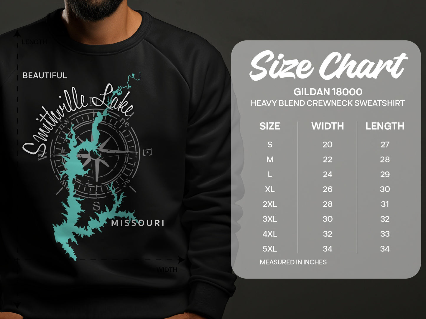 Black sweatshirt featuring Smithville Lake, Missouri map graphic and size chart.