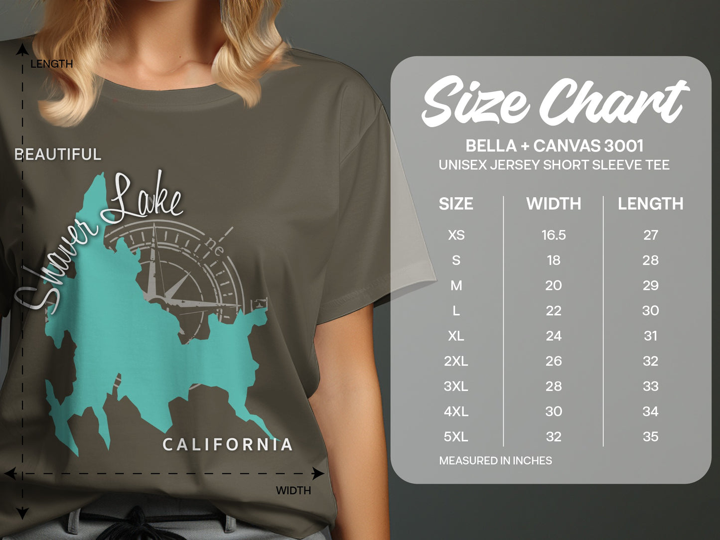 T-shirt with Shaver Lake, California graphic and size chart.