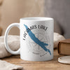 White mug with Lacamas Lake map and compass design, Washington state.
