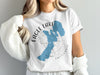 White t-shirt with blue Eagle Lake California map and compass graphic.