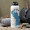 White water bottle with Lawton, OK map graphic, compass, and copyright text.