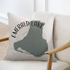 Pillow with Emerald Lake Canada map graphic and text.
