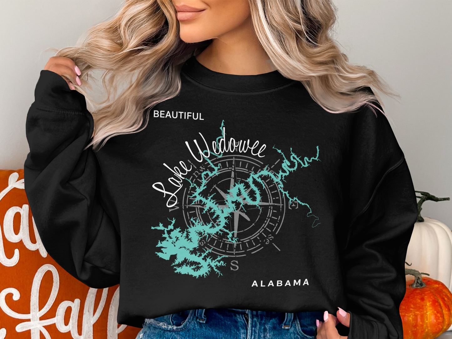 Black sweatshirt with Wedowee map graphic and compass rose.