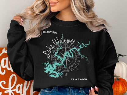 Black sweatshirt with Wedowee map graphic and compass rose.