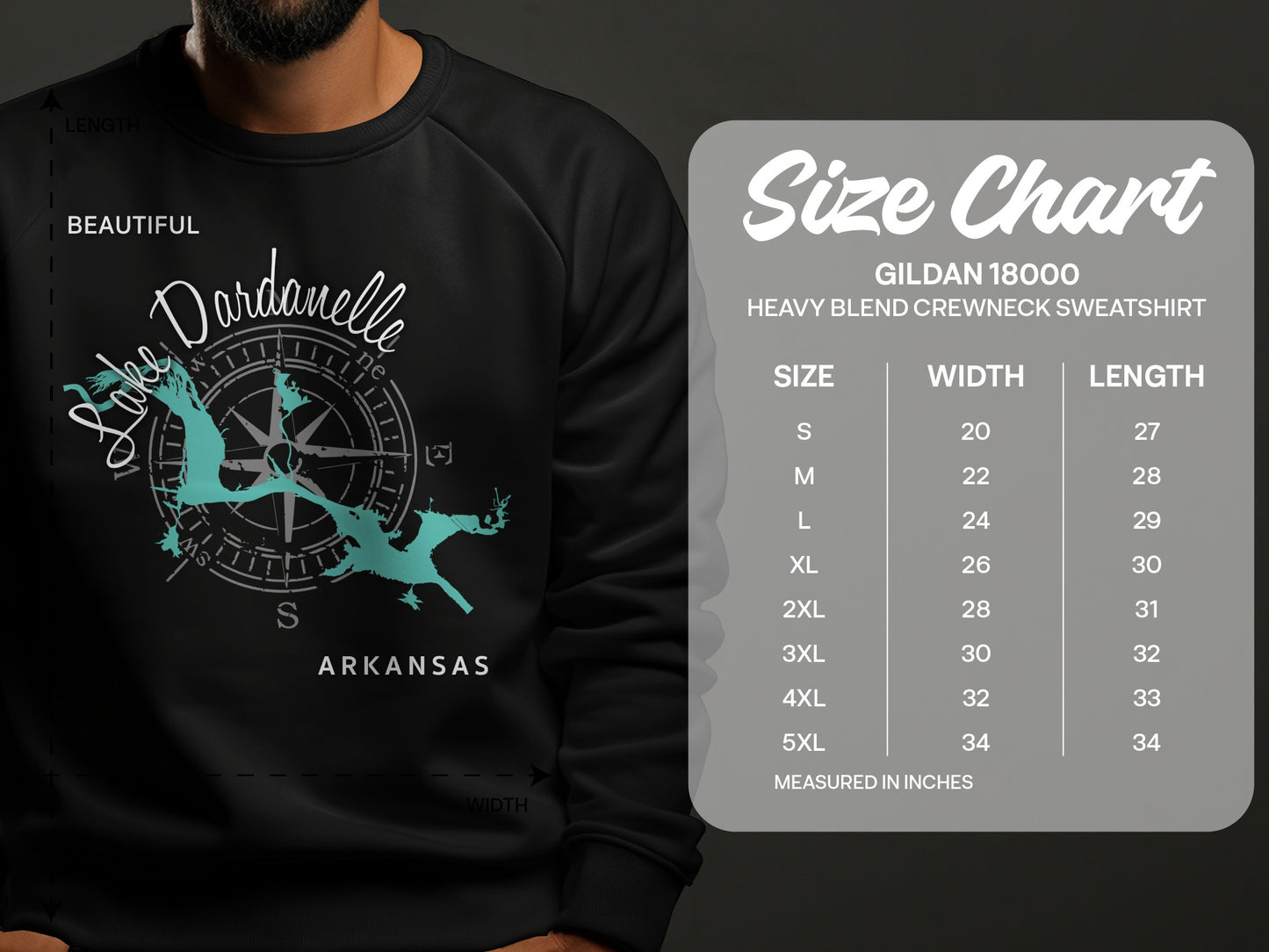 Sweatshirt featuring Lake Dardanelle, Arkansas design and Gildan size chart.