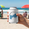 White can cooler with "Diamond Valley Lake California" design held on a beach.