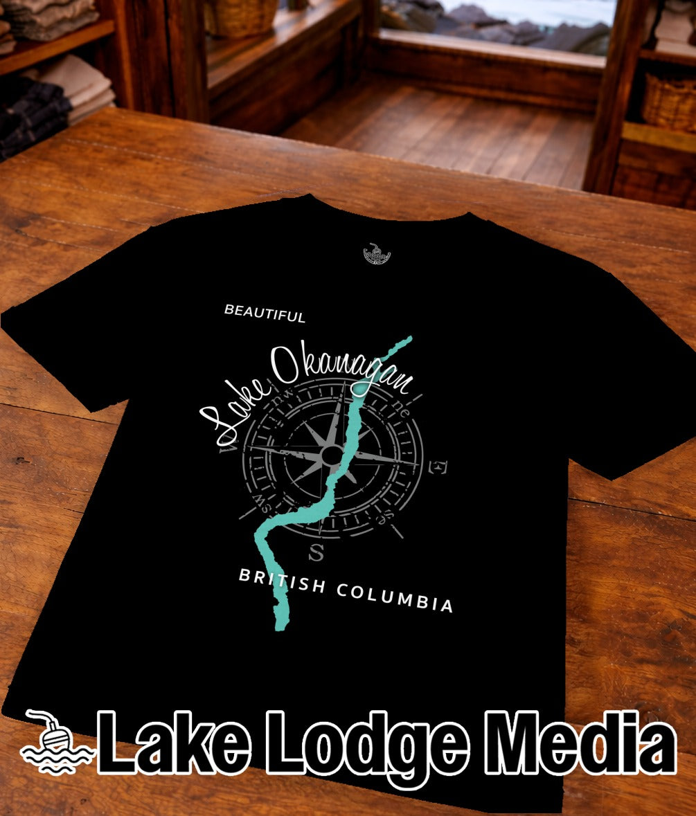 Black t-shirt with Lake Okanagan, British Columbia graphic and compass rose.