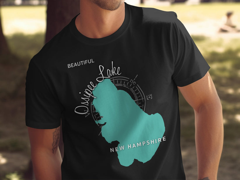 Black t-shirt with teal Ossipee Lake map and "Beautiful Ossipee Lake, New Hampshire" text.