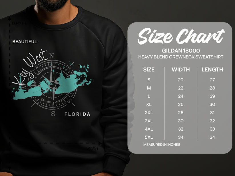 Crewneck sweatshirt size chart with Key West map graphic.