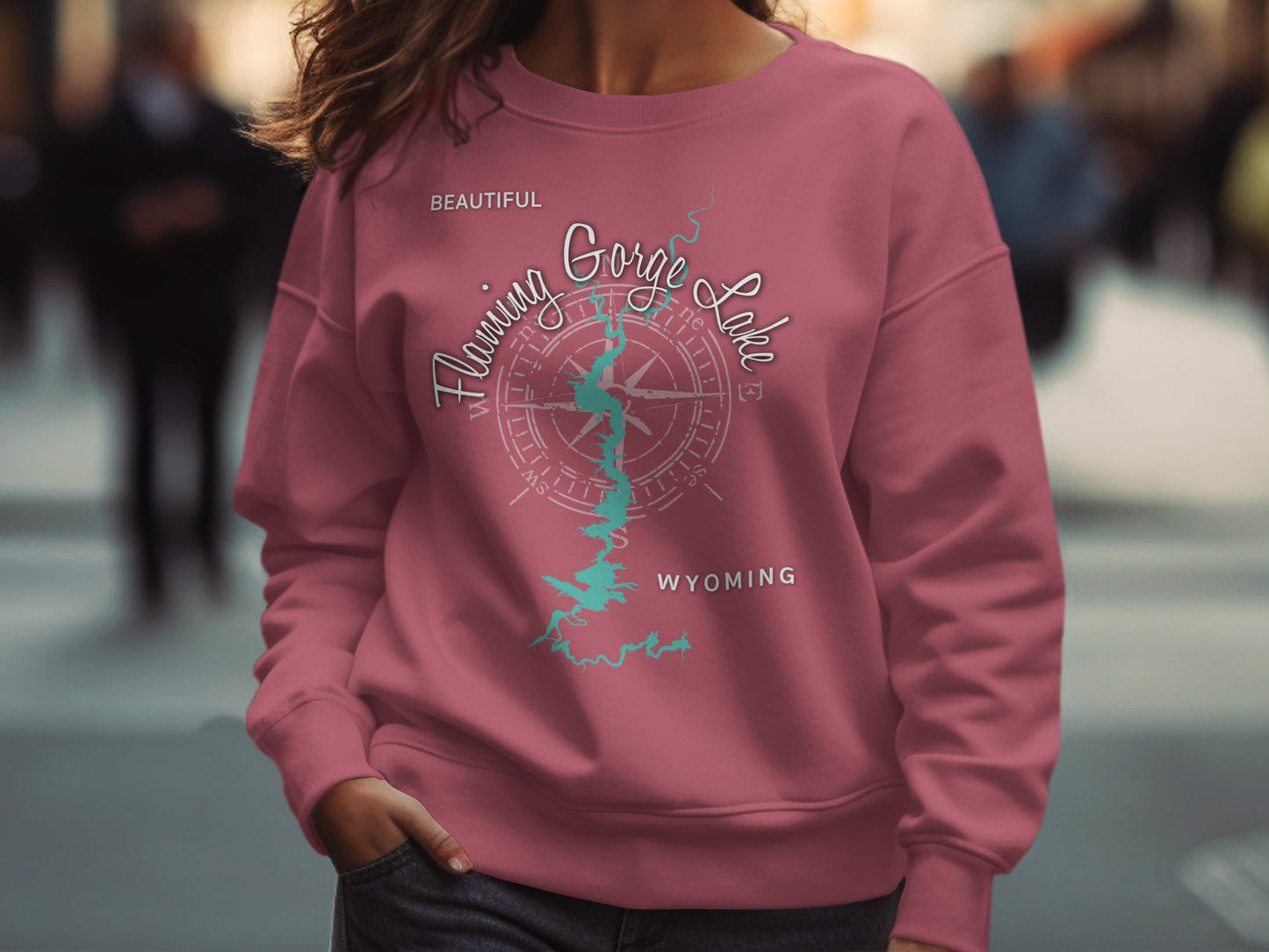 Pink sweatshirt with "Flaming Gorge Lake Wyoming" and compass design.