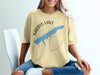 Yellow t-shirt with a blue Sardis Lake, Mississippi map and compass design.
