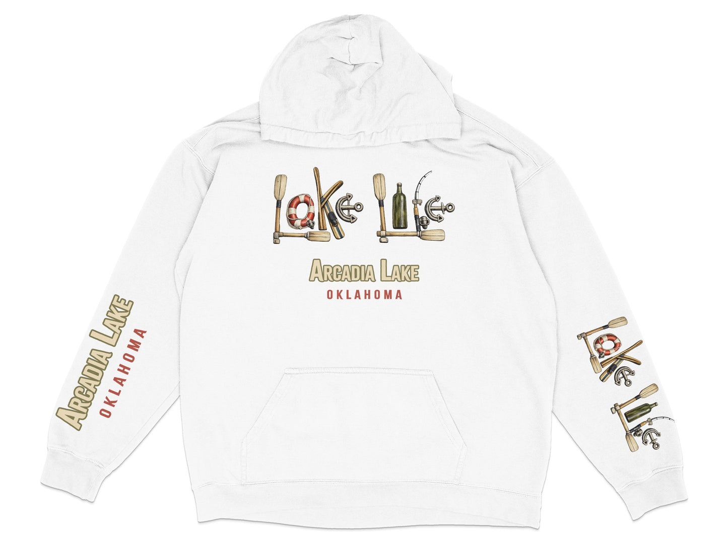 White hoodie with "Lake Life" and "Arcadia Lake Oklahoma" text and graphics.