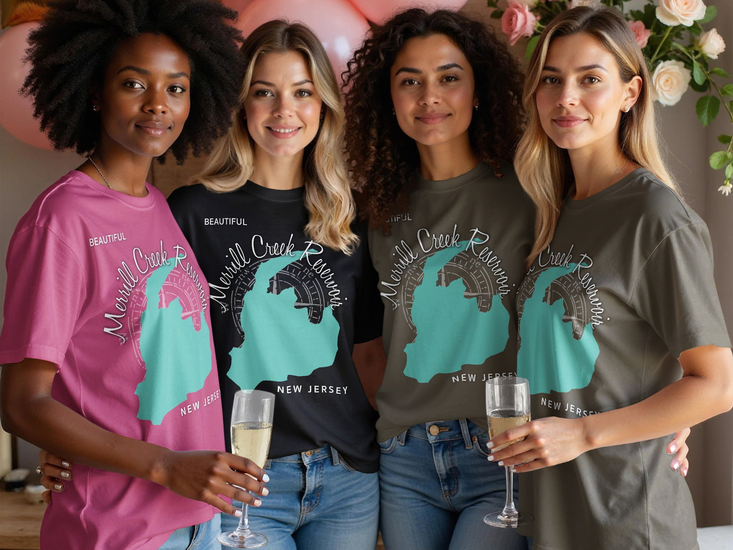 Four women wearing Merrill Creek Reservoir t-shirts, two holding champagne glasses.