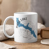 White mug with Bass Lake, California map and compass design.