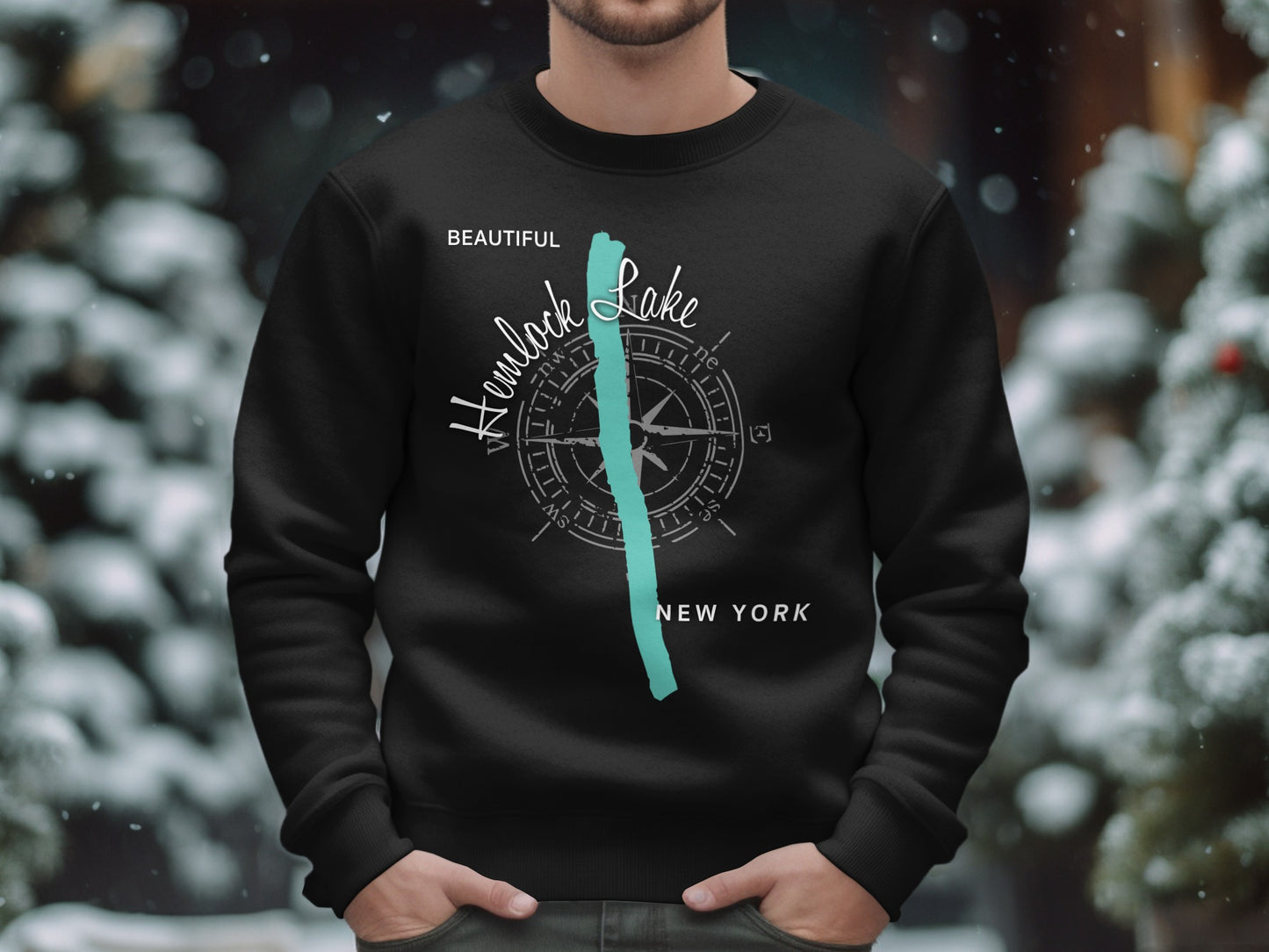 Black crewneck sweatshirt with "Hemlock Lake New York" and compass graphic.