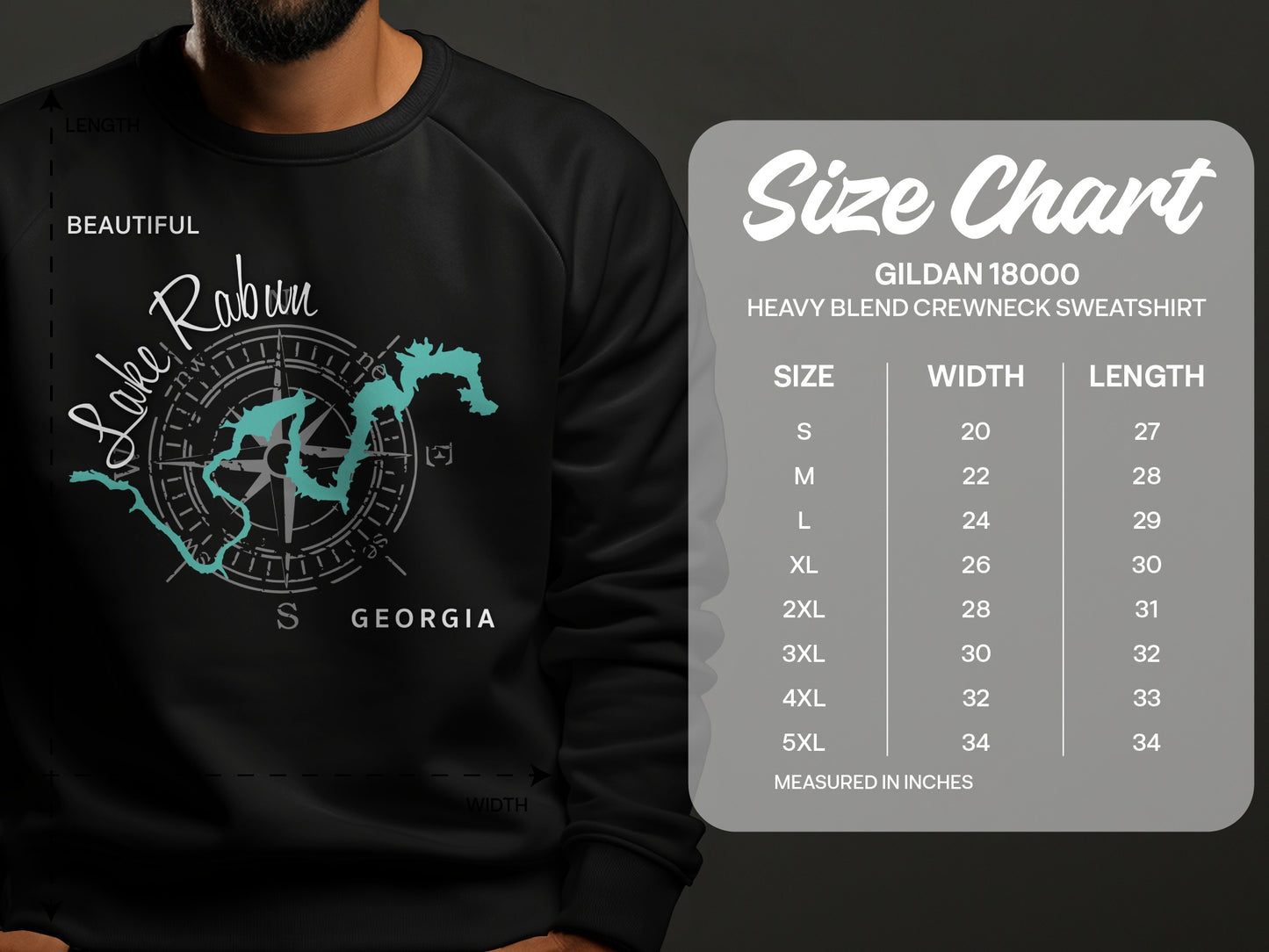 Sweatshirt with Lake Rabun map and size chart in inches.