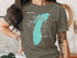 Teal Lake Michigan map graphic on a taupe t-shirt.