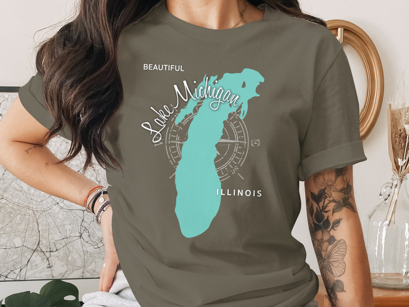 Teal Lake Michigan map graphic on a taupe t-shirt.