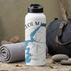 White water bottle with blue map and compass design, reading "CECIL M HA".