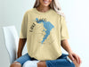 Yellow t-shirt features map of Lake Waco, Texas with a compass design.