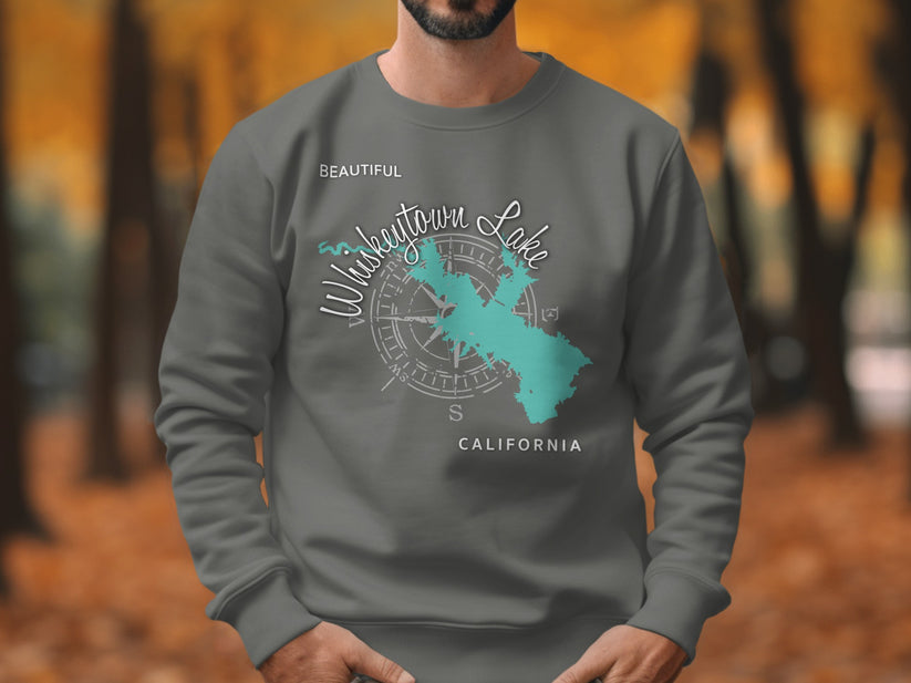Whiskeytown Lake California map with compass on gray sweatshirt.