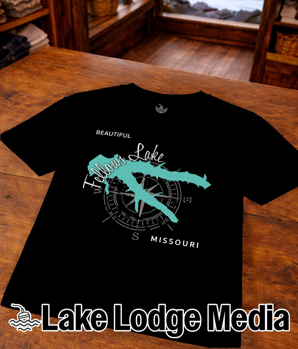 Black t-shirt with "Beautiful Fallows Lake Missouri" and compass rose graphic.