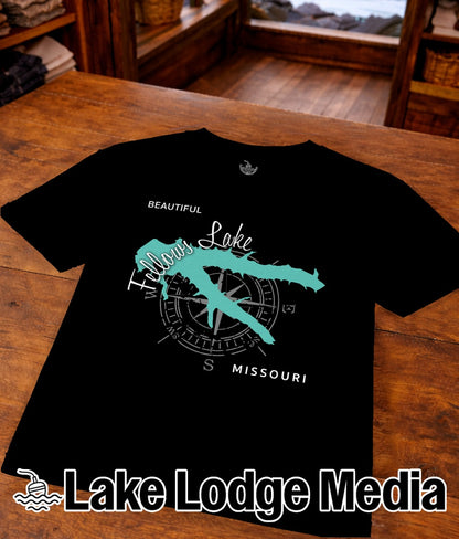 Black t-shirt with "Beautiful Fallows Lake Missouri" and compass rose graphic.