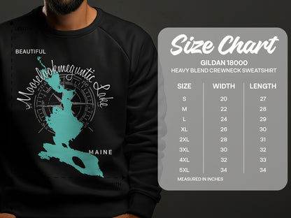 Mooselookmeguntic Lake map and size chart for Gildan 18000 sweatshirt.