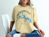 Yellow t-shirt with blue map of Lake D'Arbonne, Louisiana and compass graphic.