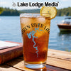 Glass with iced tea, lemon slice, and Warren River map design.