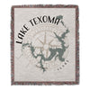 Woven blanket featuring a map of Lake Texoma with compass rose and text.