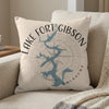 Pillow with blue map of Lake Fort Gibson, Oklahoma and compass design.