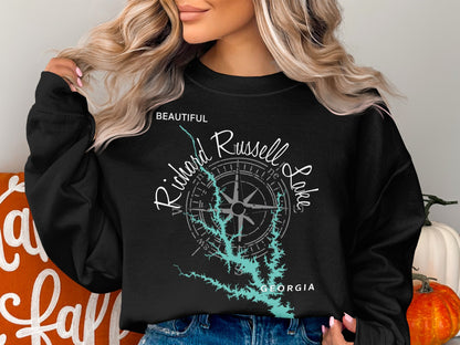 Black sweatshirt with a teal map of Richard B. Russell Lake, Georgia.