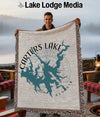 Woven blanket with Carters Lake, Georgia map and compass rose design.