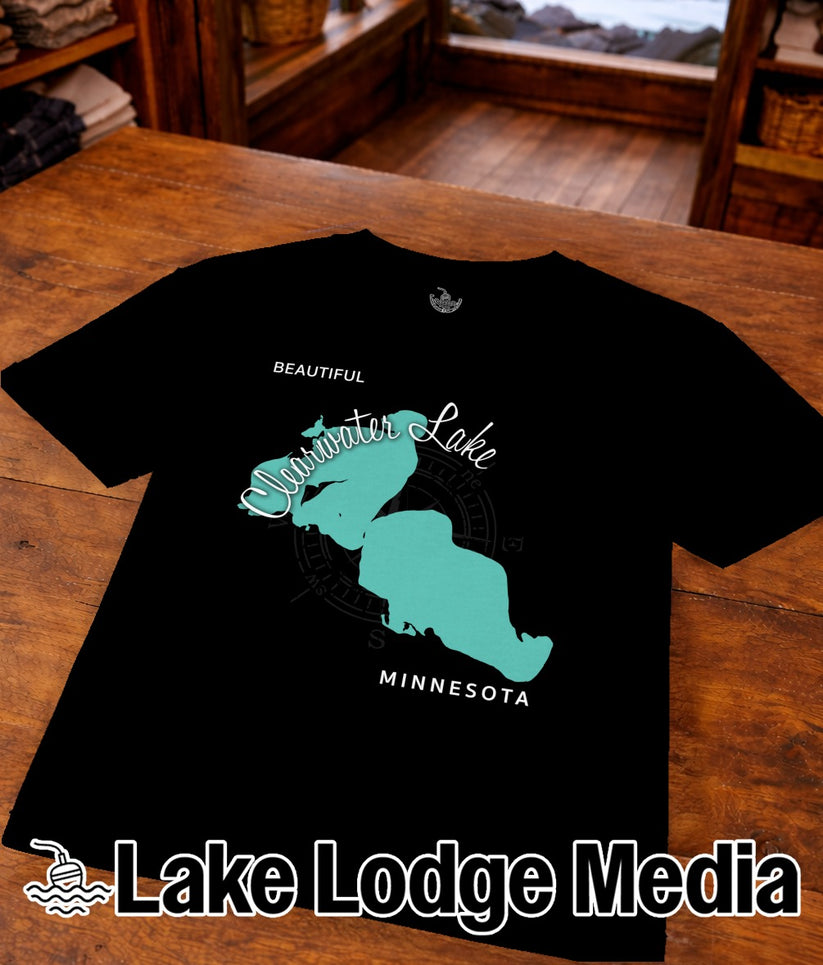 Black t-shirt with Clearwater Lake, Minnesota map and compass rose.