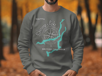 Grey sweatshirt with Shuswap Lake, British Columbia compass design.