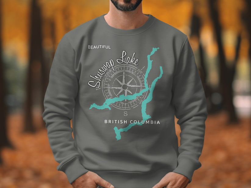 Grey sweatshirt with Shuswap Lake, British Columbia compass design.