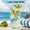 Clear glass with "VE FLAT LAKE" and California map design on beach background.