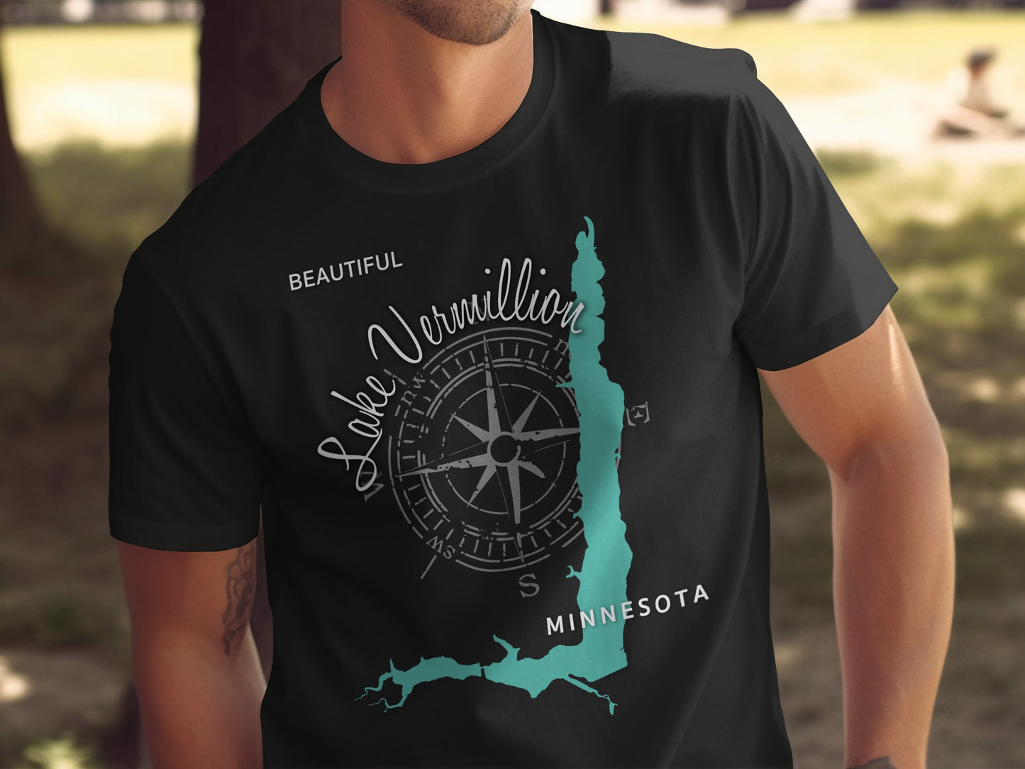 Black t-shirt with "Lake Vermillion Minnesota" map and compass design.