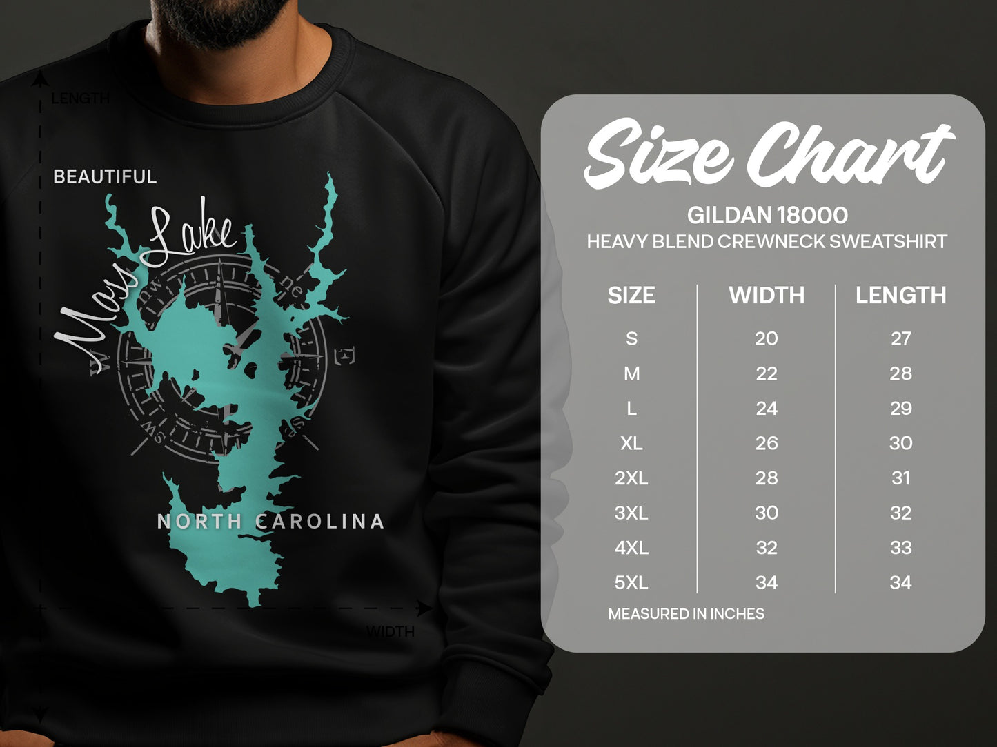 Crewneck sweatshirt with a lake map of North Carolina and size chart.