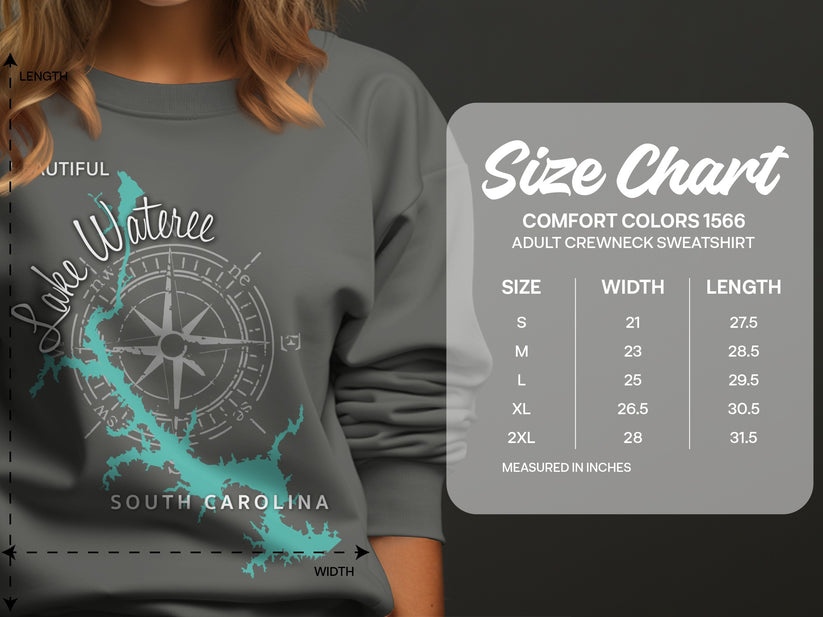 Lake Wateree sweatshirt size chart with dimensions for S through 2XL.