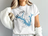 White t-shirt with blue Lake Fork, Texas map and compass graphic.